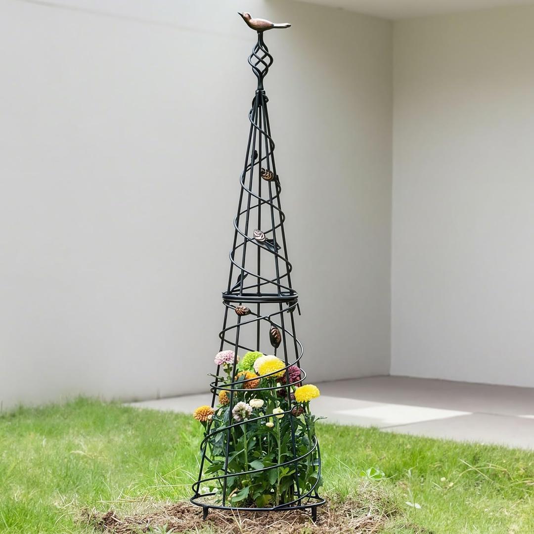 Garden Obelisk 40.5 Inch Metal Trellis for Climbing Plants - Sturdy Support for Rose Bushes & Tall Vines, Featuring Decorative Bird and Leaf Elements, Perfect for Garden Decor (41" x 10")