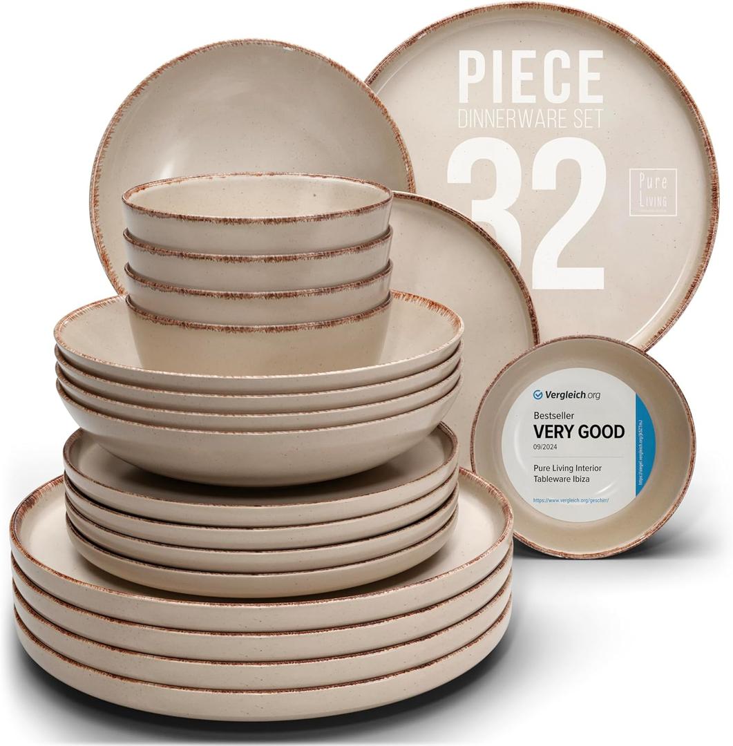 Stoneware dinnerware set 8 persons Rustic 32 pcs - Rustic design dinnerware set, dishwasher safe - Bowl and plate set - Pure Living dinnerware in beige (Set (32pcs), rustic / beige)
