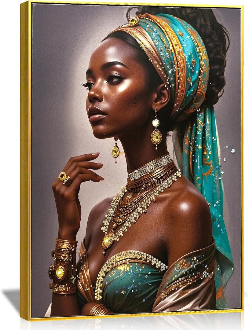 DRLWGTY Framed Elegant Black Woman Wall Art Modern Portrait Painting with Hand-Applied Gemstone Details, Large Canvas Artwork for Bedroom Living Room,Ready to Hang, 36"L x 24"W