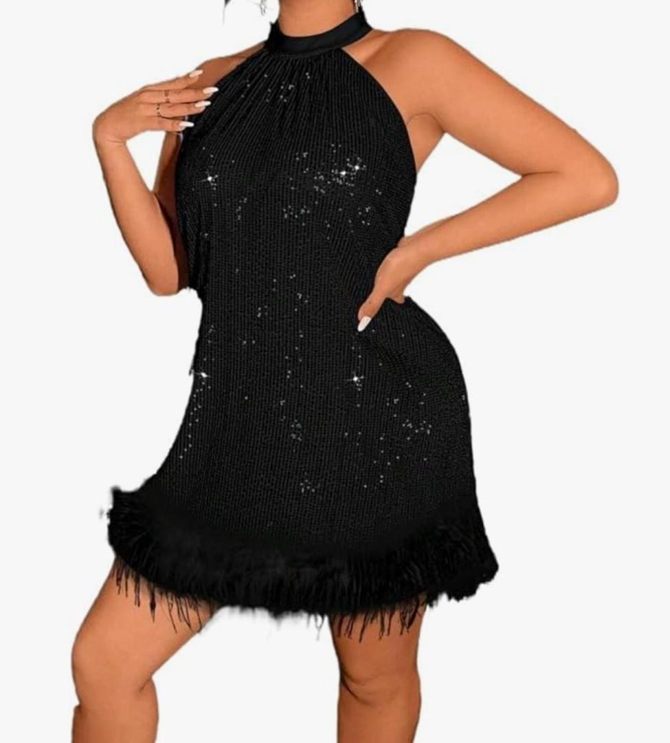 Women's short sleeve dress Neck Hem Dress (L, Black)