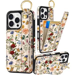 Petitian for iPhone 16 Pro Case Wallet - Women Girls Cute Girly Aesthetic Unique Design Leather Credit Card Holder Cardholder Stand Wristband for iPhone 16 Pro, Vin Flower