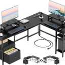 Furologee 66 L Shaped Desk with Power Outlet, Reversible Computer Gaming Desk with File Drawer & 2 Monitor Stands for Home Office with Storage Shelves, Black