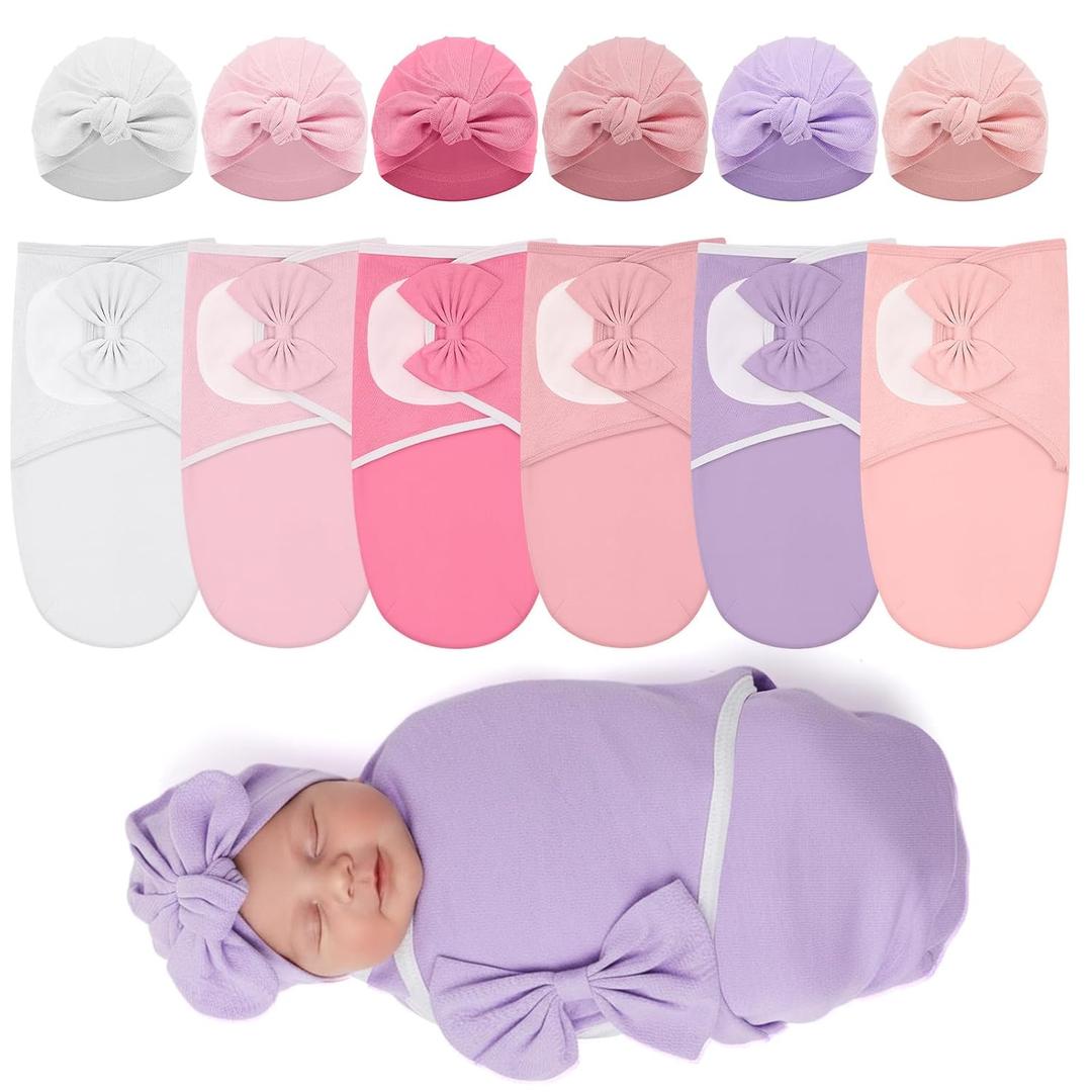 Ramede 6-Pack Premature Baby Swaddle Blankets with Hats, Breathable 100% Cotton Baby Swaddles, Suitable for Premature Babies and Newborns, Soft Cotton, Adjustable (Rosette,Light Color)