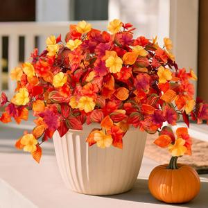 Fake Fall Flowers Artificial for Decoration 2PCS Faux Silk Fall Flowers Plants for Outdoors Outside Planters UV Resistant Looks Real for Front Door Porch Patio Garden Decor (Orange Red Yellow)
