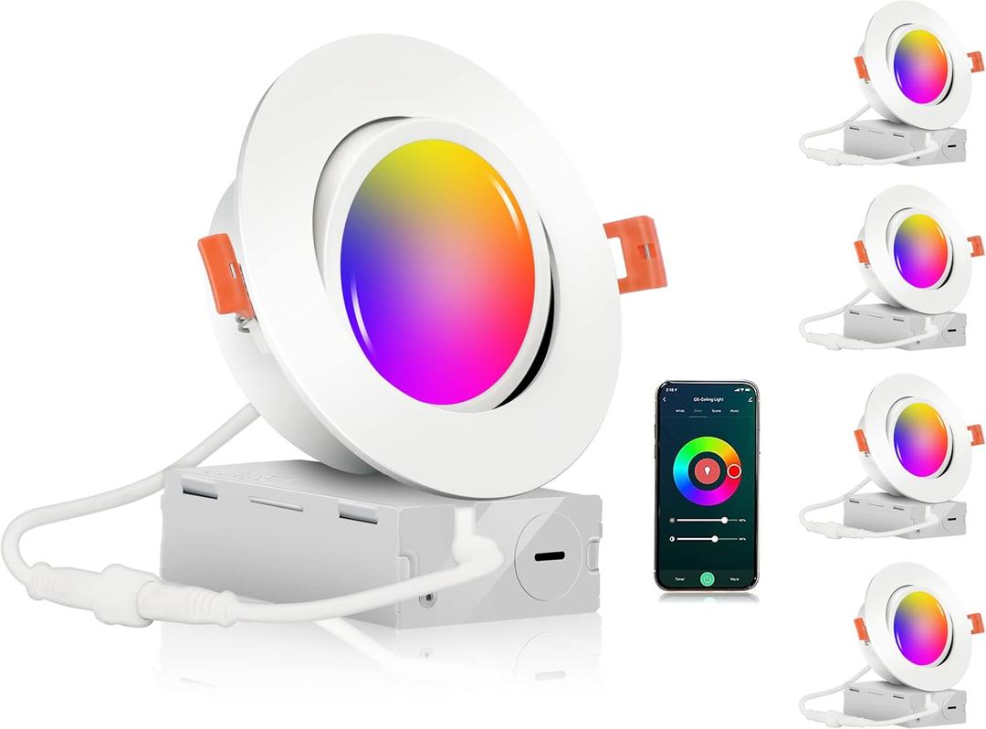 CLOUDY BAY 4 inch Gimbal Smart WiFi LED Recessed Lights,RGBCW Color Changing,Compatible with Alexa and Google Home Assistant,No Hub Required,2700K-6500K,IC Rated,Pack of 4