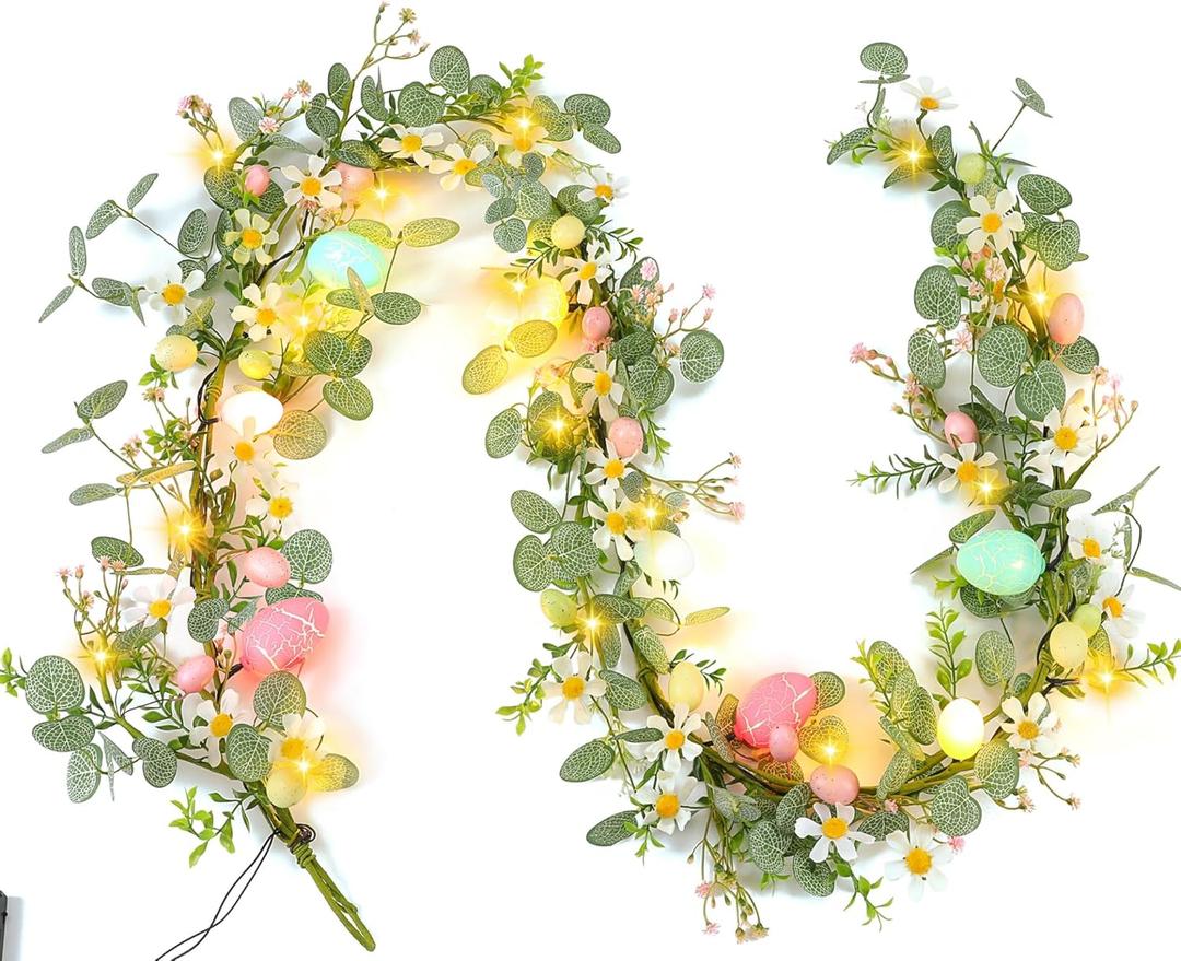 CENMORISE Easter Garland for Mantle - 6FT Faux Eucalyptus Garlands with Daisy, Pink Bloom & Egg, 20 LED Lights, Battery Operated Auto Timer, Flexible for Indoor Outdoor Spring Home Decor