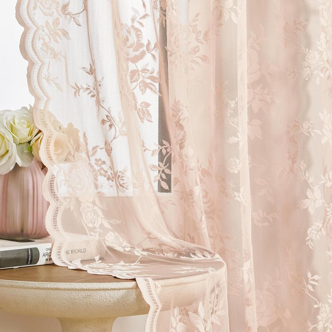 SEEKRIGHT Blush Pink Lace Curtains - 84 Inch Long, 2 Panel French Floral Sheer Curtains for Living Room & Bedroom - Vintage Victorian Style, Rod Pocket, Light Filtering Edges, Drapes - 52x84