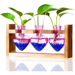 Nacome Plant Terrarium for Office Decor: Birthday Gifts for Plant Lovers Women Mom Wife - Wooden Stand Tabletop Planter 3 Bulb Glass Vase Heart Shaped for Hydroponics Indoor Home(Purple)