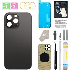 Back Glass Replacement for iPhone 14 Pro with Repir Tools, Big Hole Rear Back Cover Glass Replacement All Carriers with Pre-Installed Adhesive and Repairing Tool Kits (Space Black)
