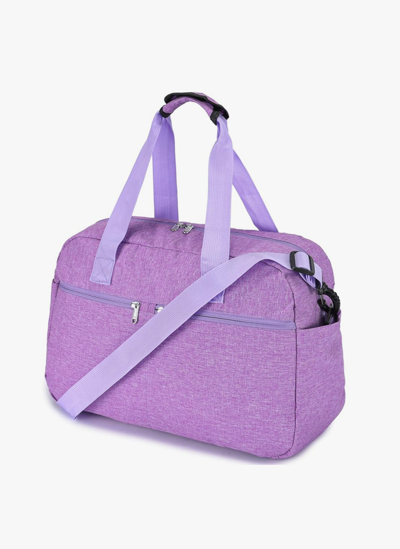 17" Small Gym Bag for Womens & Mens - Personal Item Travel Duffle Bag with Wet Pocket and Trolley Sleeve | Under Seat Weekender Carry on Luggage (Light Purple)