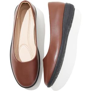 Women's Flats Comfortable Black Flats Shoes Women Round Toe Ballerina Flats Leather Dress Shoes Work Flats for Office(Brown, US 7)