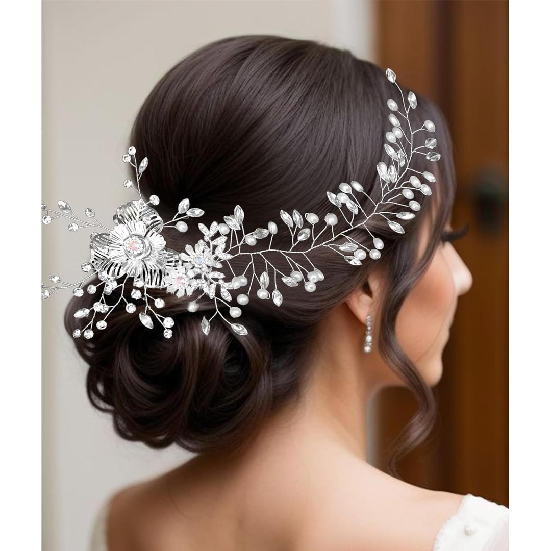 Wedding Headpiece for Bride, Flower Pearl Rhinestone Hair Comb Bridal Wedding Hair Accessories for Women
