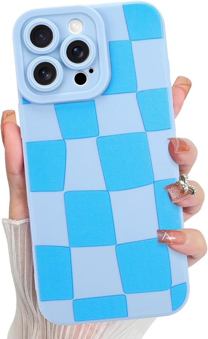 KANGHAR Compatible with iPhone 16 Pro Case, Silicone Checkered Cute Pattern, Camera Protection Soft Slim Phone Case for Phone Case -Blue