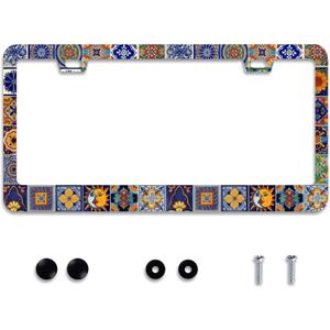 Personalise Mexican Tiles License Plate Frames Mandala Boho License Plate Frame Car Universal Stainless Steel Accessories Cars Decorative 2 Holes Screws Fits Standard US Vehicles Size 12.2 x 6 Inches