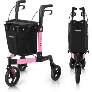 3 Wheel Walkers for Seniors, Foldable Rollator Walker with Tray & Large Storage Bag, 10" Big Wheel for All Terrain, 350 lb Weight Capacity, Pink