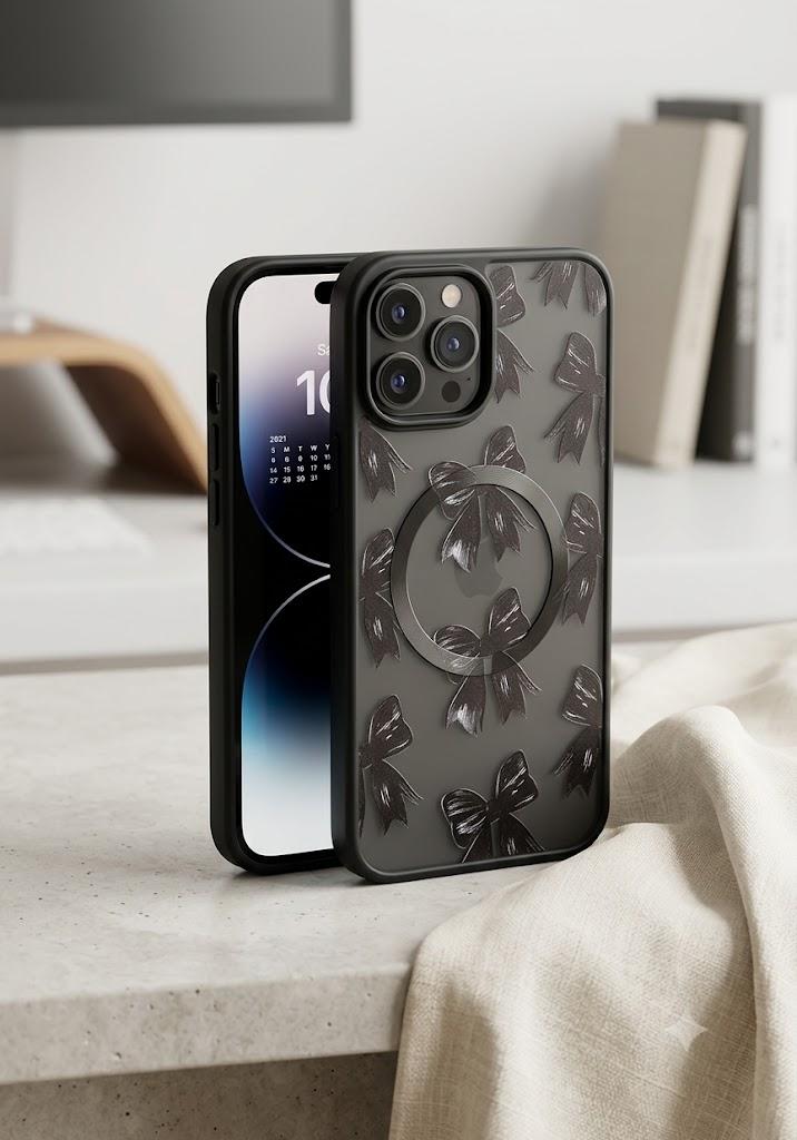 lioscre Cute Bow Phone Case for Magnetic iPhone 13 / iPhone 14 6.1" [Compatible with MagSafe], Aesthetic Black Ribbon Bowknot Pattern Print Design Women Girls Case Soft TPU Hard PC Shockproof Cover