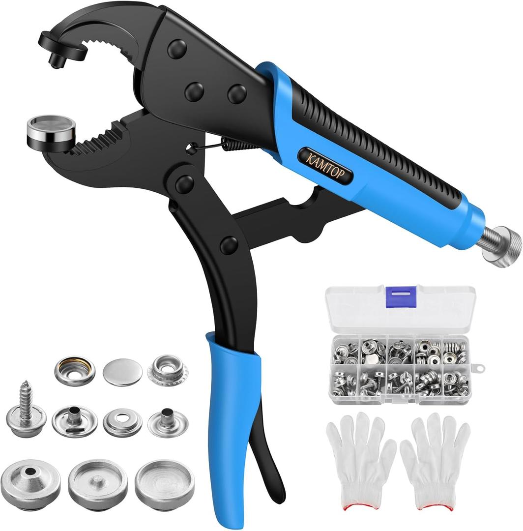 Kamtop Snap Fastener Tool Kit - Adjustable Snap Fastener Plier with 30 Sets Metal Snaps, Buttons Setter Canvas Snaps Install Press Tool for Replacing Boat Cover, Tarps, Leather (Blue)