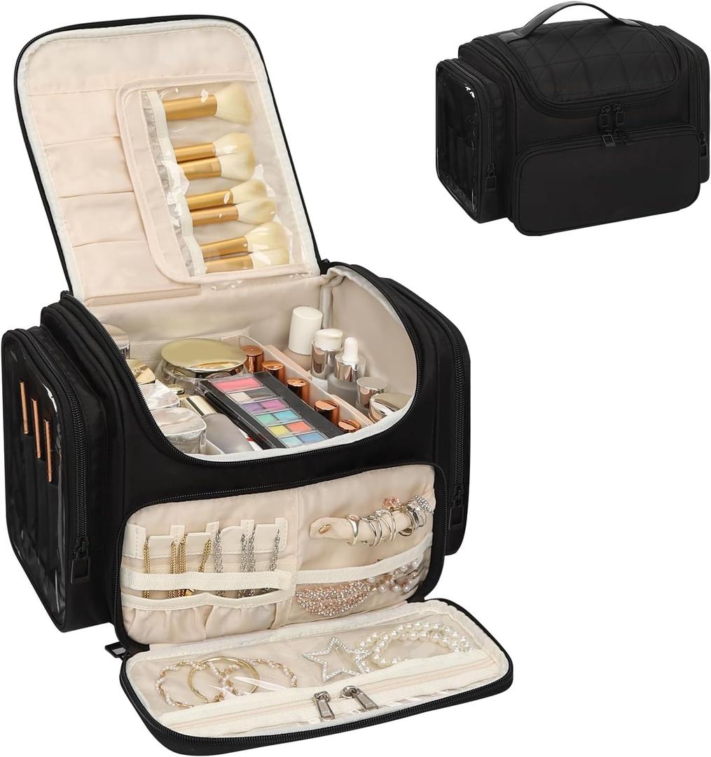 Large Makeup Bag with Jewelry Organizer, Travel Toiletry Bag for Women Girls with Makeup Brush Compartment & Two Side Pockets - XL Black