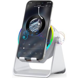Wireless Induction Speaker, 4 in 1 Bluetooth Speaker Phone Stand with RGB Light, 360 Rotation Phone Holder Compatible with iPhone Android iPad Samsung Galaxy, Ideal Birthday Gift for Men Women (White)