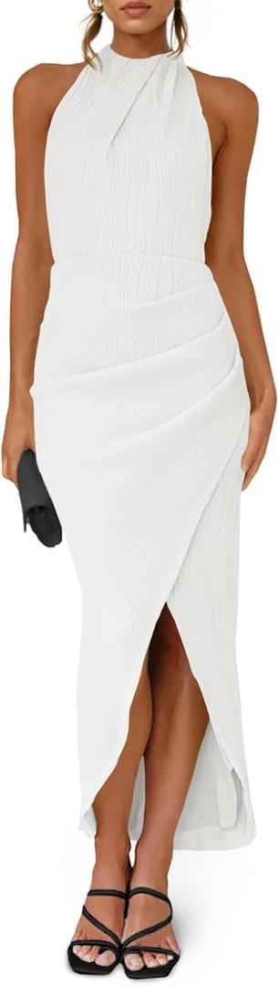 Fisoew Womens Halter Neck Party Dress Sleeveless Slit Textured Backless Sim Fit Ruched Sexy Midi Cocktail Dresses (Small, White) Fisoew Womens Halter Neck Party Dress Sleeveless Slit Textured Backless Sim Fit Ruched Sexy Midi Cocktail Dresses (Small, White)