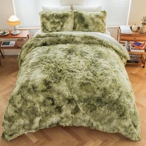 Queen Size Shaggy Comforter Set with 2 Pillow Shams,3 Pieces White Faux Fur Sherpa Washable Plush Flannel Velvet Furry Bedding Set(Queen,Tie Dye Sage Green)