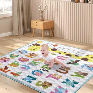 Baby Play Mat for Floor, 2 in 1 Crawling & Learning 50x50 Playpen Mats with Vivid Alphabet & Animal Pattern, Non-Slip One-Piece Foam Thick Play Mat for Babies and Toddlers, Machine Washable & Foldable