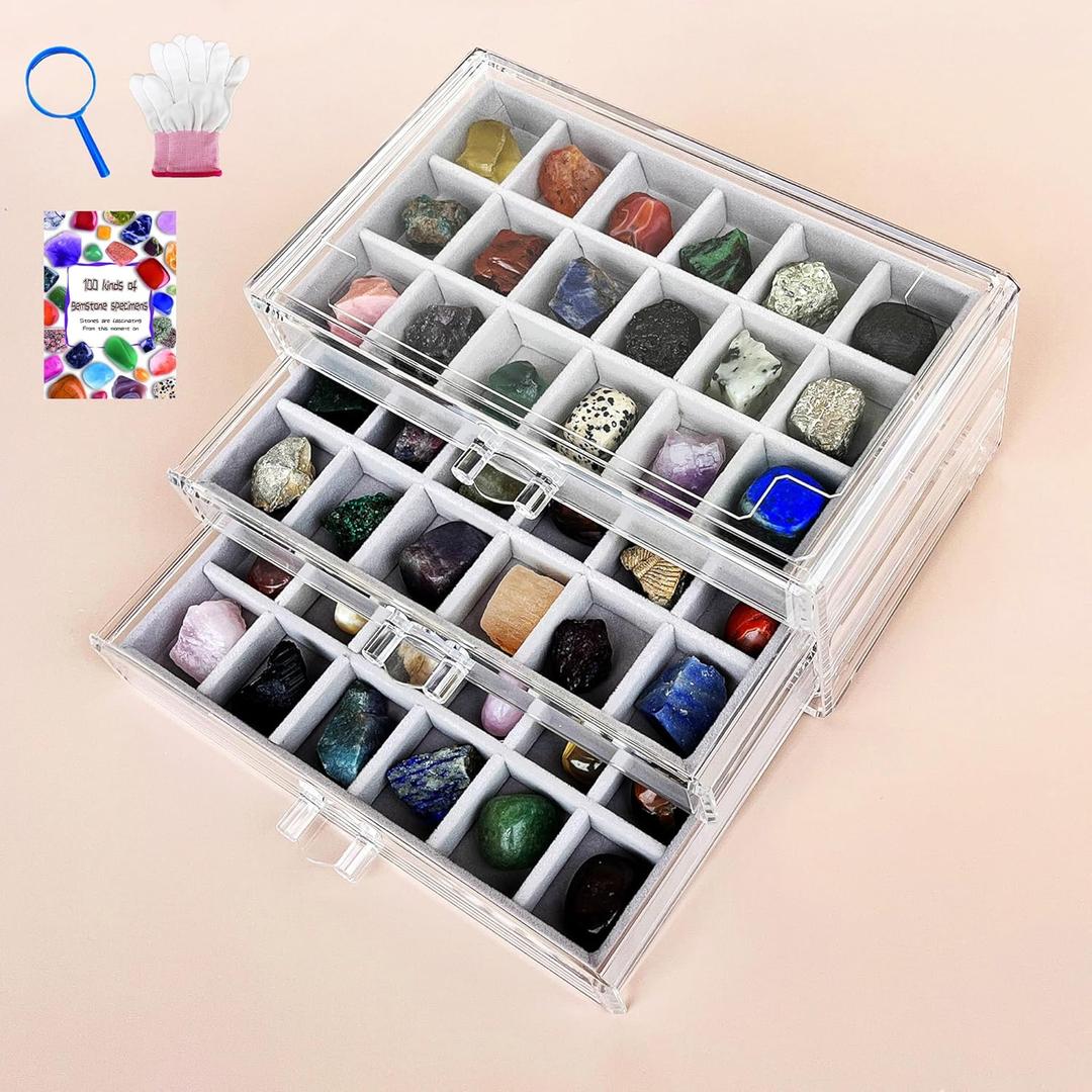 Rock Collection Display Case - 54 Slot Crystal Display Box, Acrylic Rock Display Shelf | 3-Tier Gemstone Organizer Box for Minerals, Shells, Miniatures & Souvenirs, Clear Display Case for Collectibles
