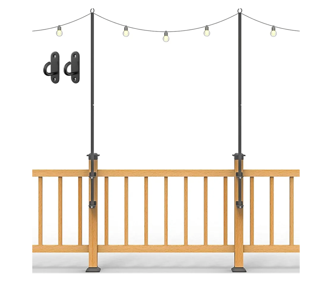 2 Pack String Light Poles - Stainless Steel 6.5FT Deck Lights Poles with 2 Wall Hooks for Outdoor Light, String Lights, with SS Screws for Wood Posts Deck Decor (Black)