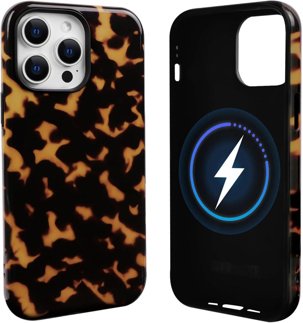 NITITOP Compatible with iPhone 13 Pro Max Case Magnetic Compatible with MagSafe Cute Leopard Amber Aesthetic Tortoise Design for Women Men Girls Soft TPU Shockproof Protective Cover - Flame