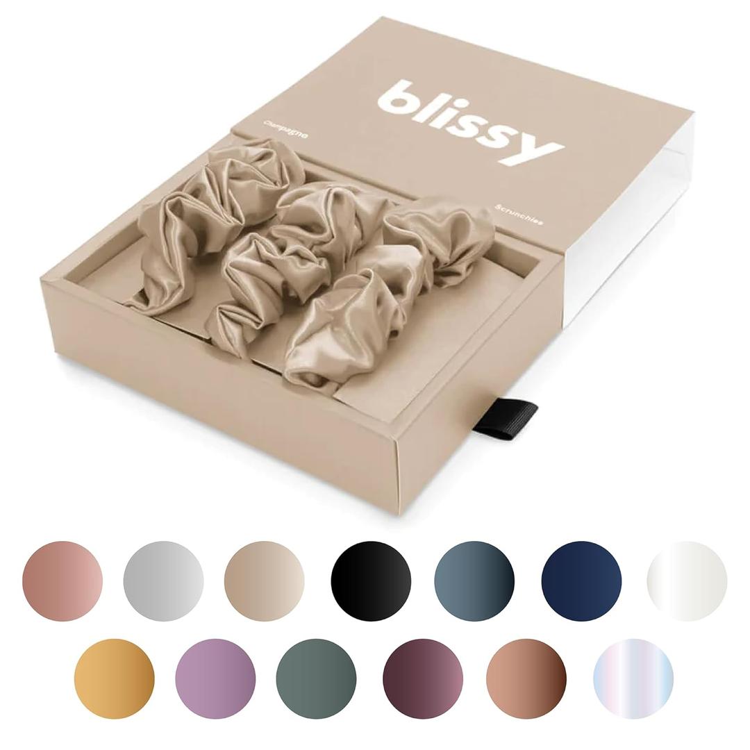 Blissy Silk Scrunchies (3 Pack) - 100% Pure Mulberry Silk - 22 Momme 6A High-Grade Fibers - Silk Scrunchie for Straight & Curly Hair - Preventing Breakage, Tangling, & Creasing (Champagne Regular) Blissy Silk Scrunchies (3 Pack) - 100% Pure Mulberry Silk - 22 Momme 6A High-Grade Fibers - Silk Scrunchie for Straight & Curly Hair - Preventing Breakage, Tangling, & Creasing (Champagne Regular)