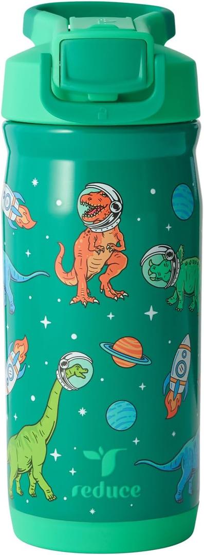REDUCE 14 oz Hydrate Pro Stainless Steel Insulated Water Bottle - Flip Top Leak-Proof Lid, Dishwasher Safe, BPA-Free, Dual Wall Vacuum, Keeps Drinks Cold for 48 Hrs., Cup Holder Friendly - Jurassic Space