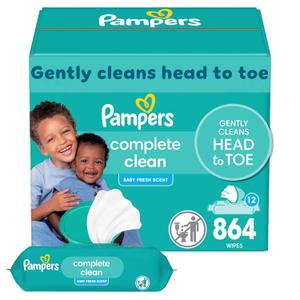 Pampers Baby Wipes, Complete Clean Baby Fresh Scented Wipe, Gently Cleans Head to Toe, 864 Total (12 Flip-Top Packs) (72 Count (Pack of 12))