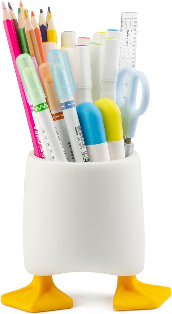 Creative Cute Duck Pen Pencil Holder, Multifunctional Stationery Pen Holder Makeup Brush Holder Kitchen Storage Cup (Duck White+Yellow)