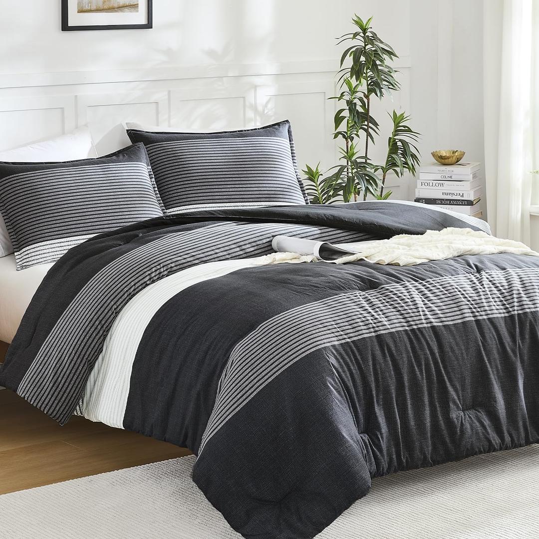 Litanika Queen Comforter Set Black White Grey - 3 Pieces Lightweight Summer Bedding Set, All Season Down Alternative Comforter (1 Comforter, 2 Pillowcases)