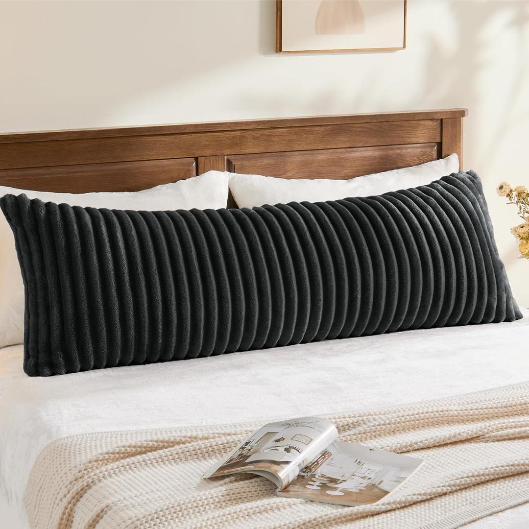 BEDELITE Fluffy Faux Fur Body Pillow Cover with Zipper, Luxury Plush 3D Striped Pillow Cover 20x54 Inches, Super Soft and Cozy Long Body Pillow Pillowcase for Bed Sofa Couch Room Decor(Black Grey)