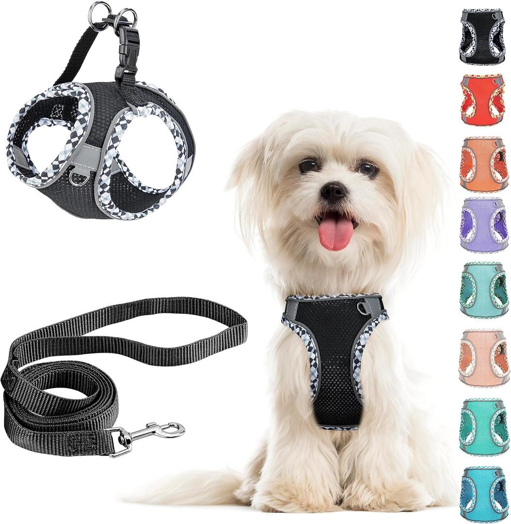 Black Leash Set - No Pull Adjustable Reflective Breathable Mesh Step-in Harness for Extra Small/Small Medium Dogs & Cats - Easy Walk, Outdoor Hiking & Training