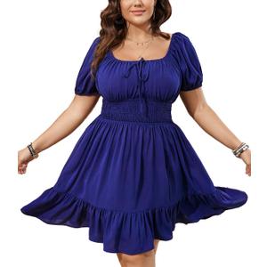 SCOMCHIC Womens Plus Size Mini Dress Square Neck Puff Short Sleeve Casual Summer A Line Boho Cute Spring Short Dresses Royal Blue (Blue, XXXL)