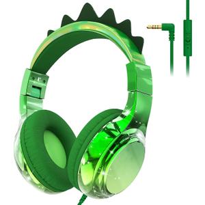 QearFun Kids Dinosaur Headphones Wired with Mic, 85/94dB Safe Volume Limit, Sparkly Wired Headset, Foldable, Sharing Port & Tangle-Free Cord for School, Chromebook, Tablet, Travel, Boys & Girls