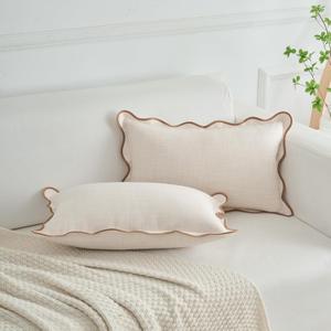 Scalloped Throw Pillow Covers Set of 2 for Living Room, Soft Cotton & Cozy Linen, Boho Sytle Decorative Home (Beige & Khaki, 12x20 Inch)