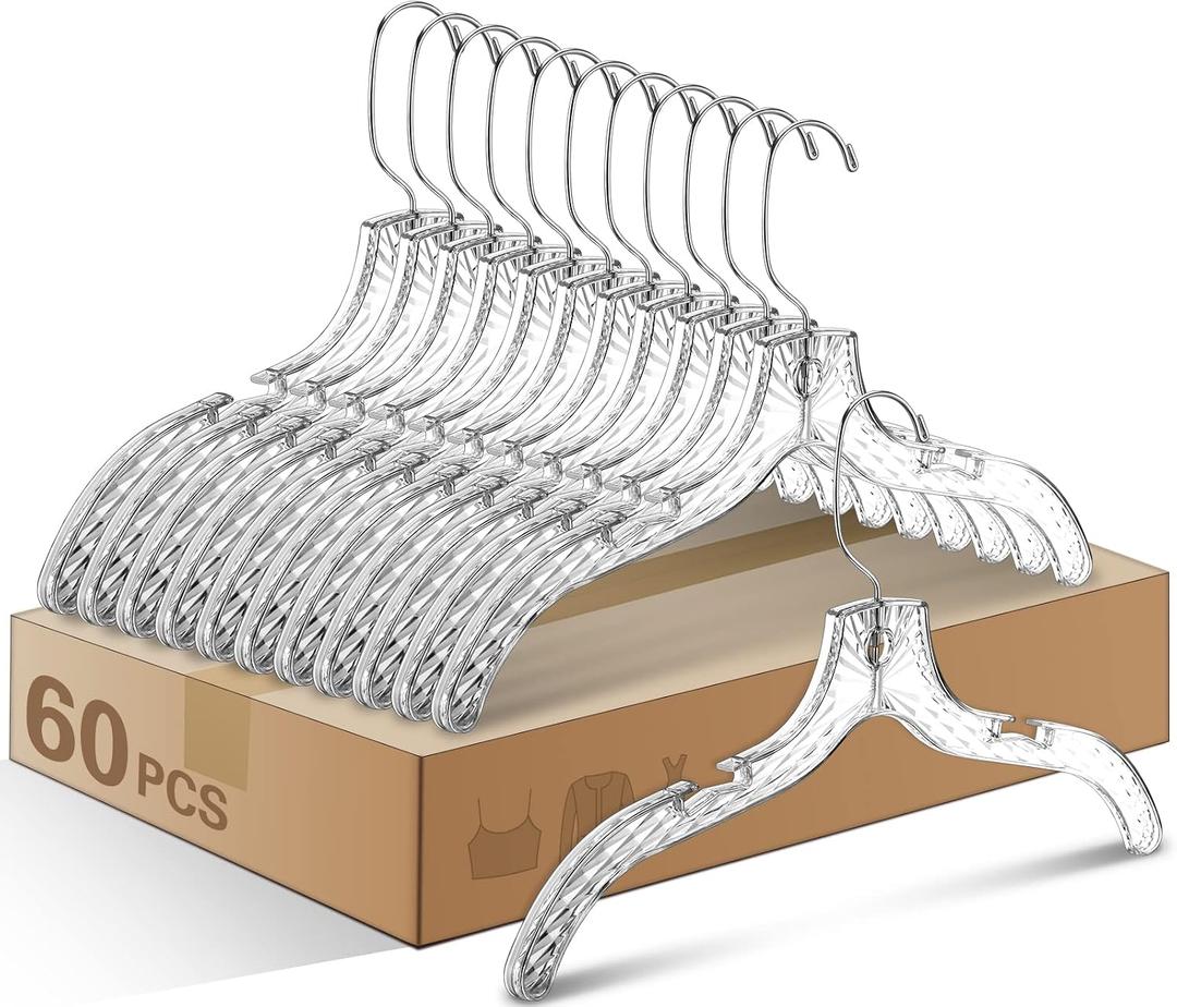 Wesiti 60 Pack Clear Plastic Hangers Bulk for Clothes 17" Crystal Cut Hangers for Coats Shirts Suits Clothing Store Home Closet(Classic)