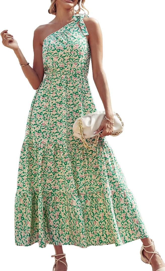 PRETTYGARDEN Women's Summer Floral Maxi Dress Knot One Shoulder Sleeveless Ruffle Flowy Boho Beach Wedding Guest Dresses(Green White, Medium)