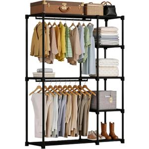 Simple Deluxe Clothes Rack, Heavy Duty Clothing Rack, 4-Shelf Portable Adjustable Wardrobe Closet with Hanging Rods, 43.8" W x 15.7" D x 64.9" H, Black