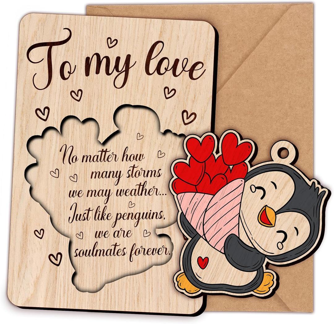 3 x NewEleven Valentines Day Gifts For Him Her Boyfriend Girlfriend - Penguin Card, Valentine's Day Gifts From Wife, Husband - Cute Couple Gift, Unique Message - Wooden Card