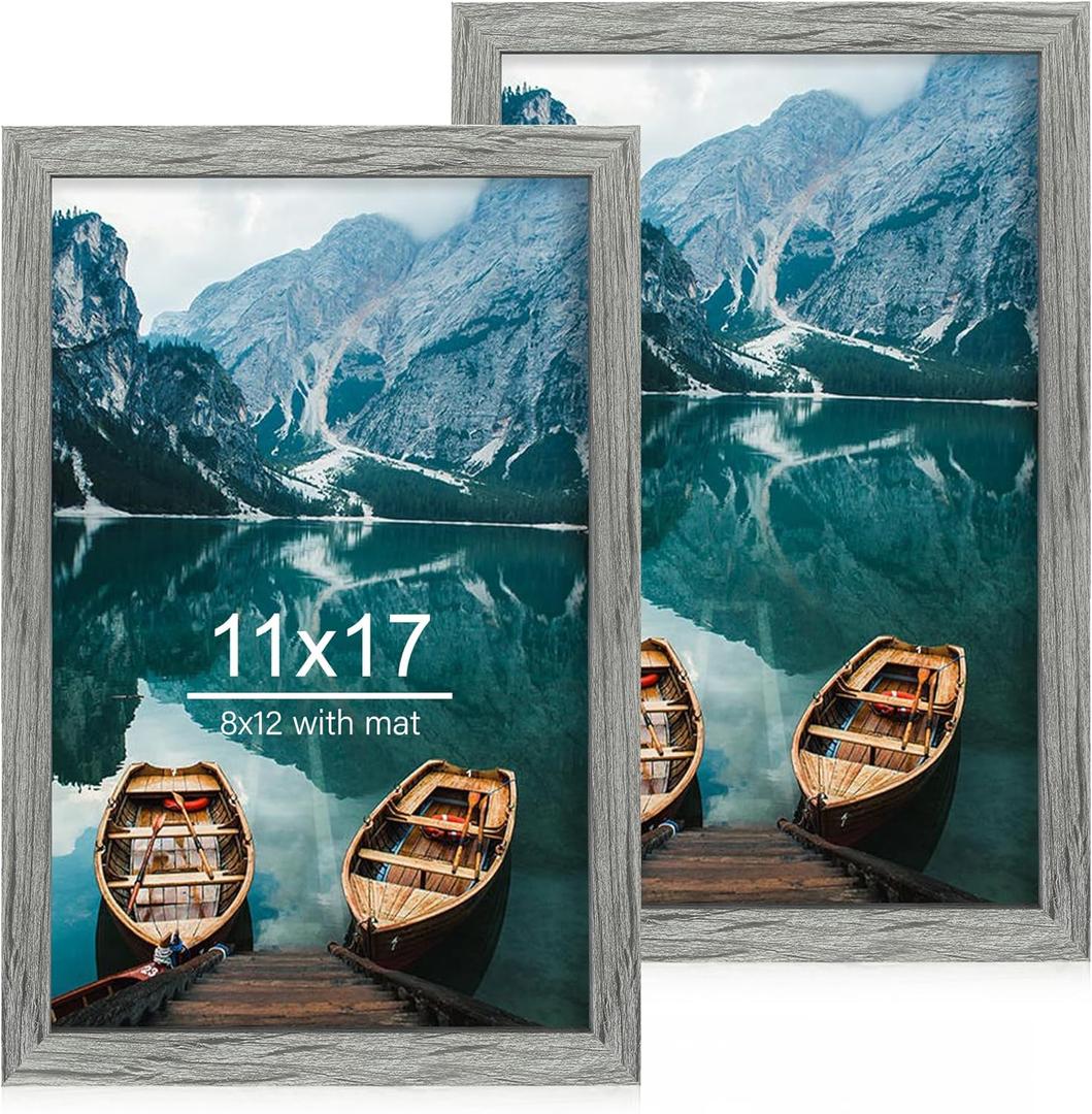 11x17 Frame Set of 2, Rustic Grey Wood Style - Display 11 x 17 Poster without Mat or 8x12 Picture with Mat, Wall Mounting Horizontal and Vertical (Natural Oak)