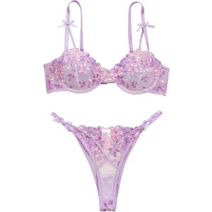 Lilosy Sexy Underwire Cute Push Up Strappy Embroidered Mesh Sheer Lingerie Set See Through Panty Bra (Small, Bow Floral Light Purple)