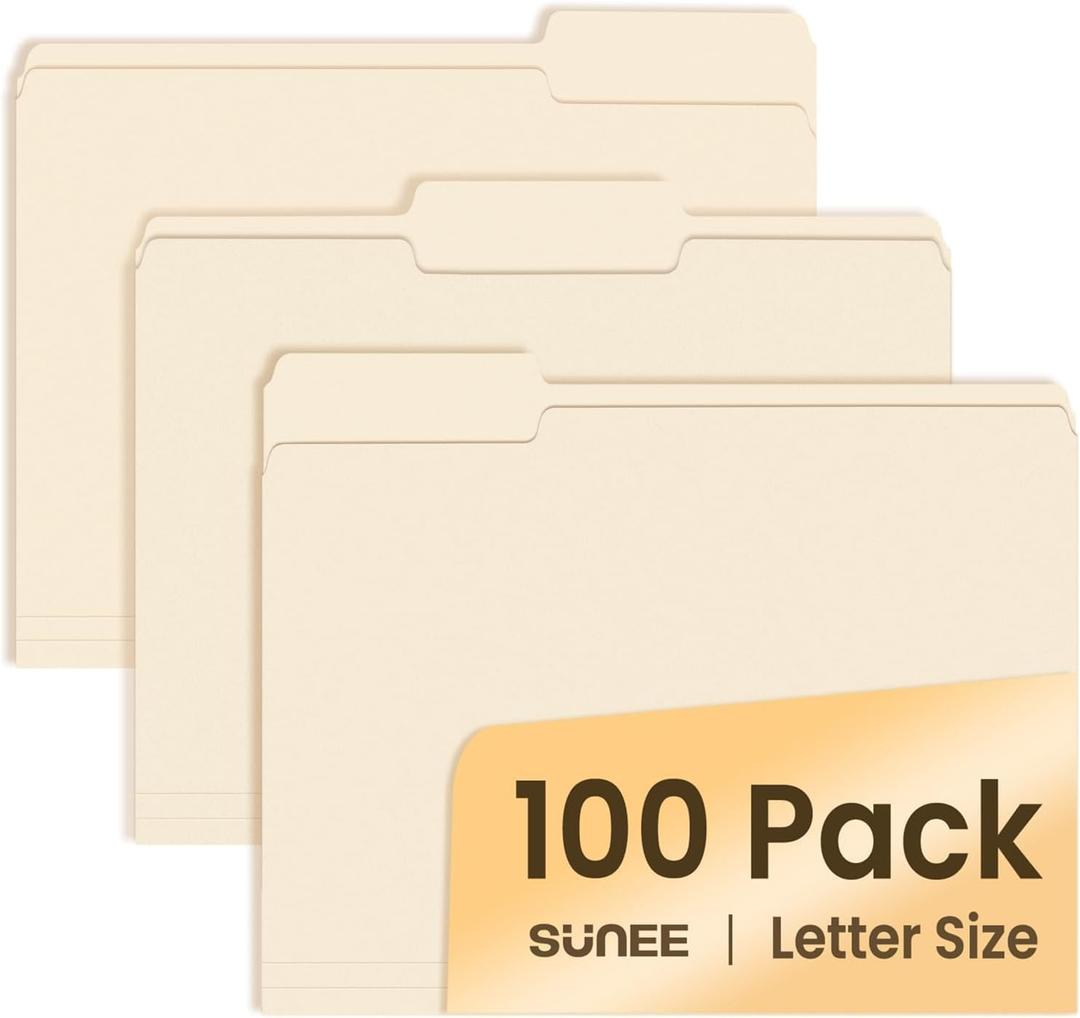 SUNEE Manilla Folders Letter Size (8.5 x 11 inches), 100 Per Box, 1/3 Cut Tab for Easy Labeling and Organization, Durable Standard Paper for Home, Office, School Filing