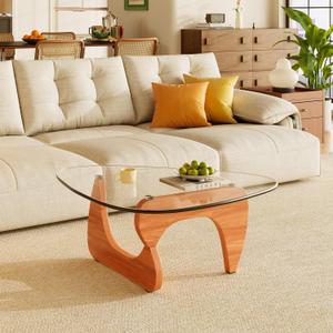Coffee Tables Glass Small Farmhouse Coffee Table Mid-Century Modern Wood Center Table for Living Room, Walnut Transparent, 32 Inch