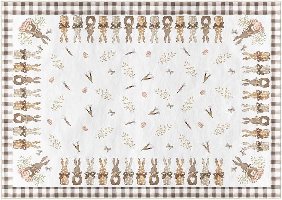 Artoid Mode Buffalo Plaid Bunny Carrot Easter Area Rug, Spring Home Decor Low-Profile Washable Area Rugs for Entryway Bedroom Living Room Laundry Room Indoor 5x7 Feet (White/Brown)