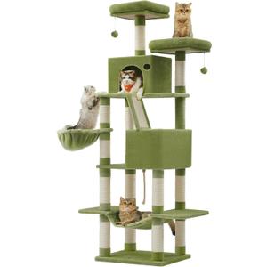 Feandrea Cat Tree, 81.1-Inch Large Cat Tower, Multi-Level Plush Condo with 13 Scratching Posts, 2 Perches, 2 Caves, Basket, Hammock, Pompoms, Green UPCT190C01