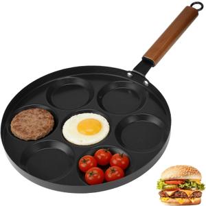 7-Cup Egg Frying Pan Nonstick, 12 in Omelet Pan with Wood Handle, Ceramic Coating Pancake Pan Includes Brush and Spatula, Compatible with All Stove Cookers